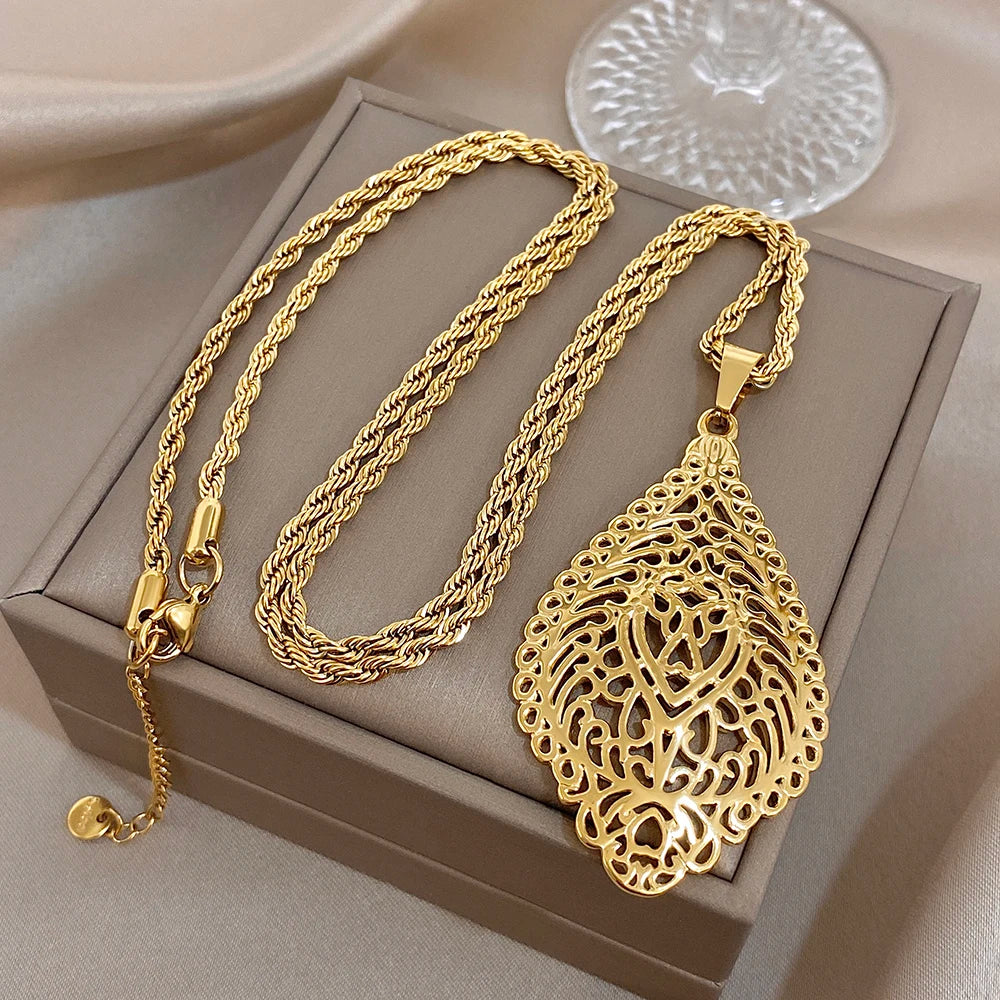 Greatera Vintage Embossment Teardrop Pendant Necklace For Women Men Chic Hollow Artistic Design Stainless Steel Jewelry Party