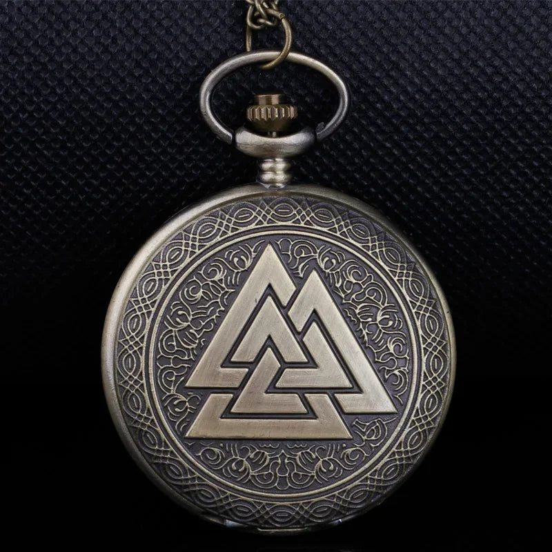 Valknut Norse Viking Pocket Watch Necklace — Bronze-Tone Quartz