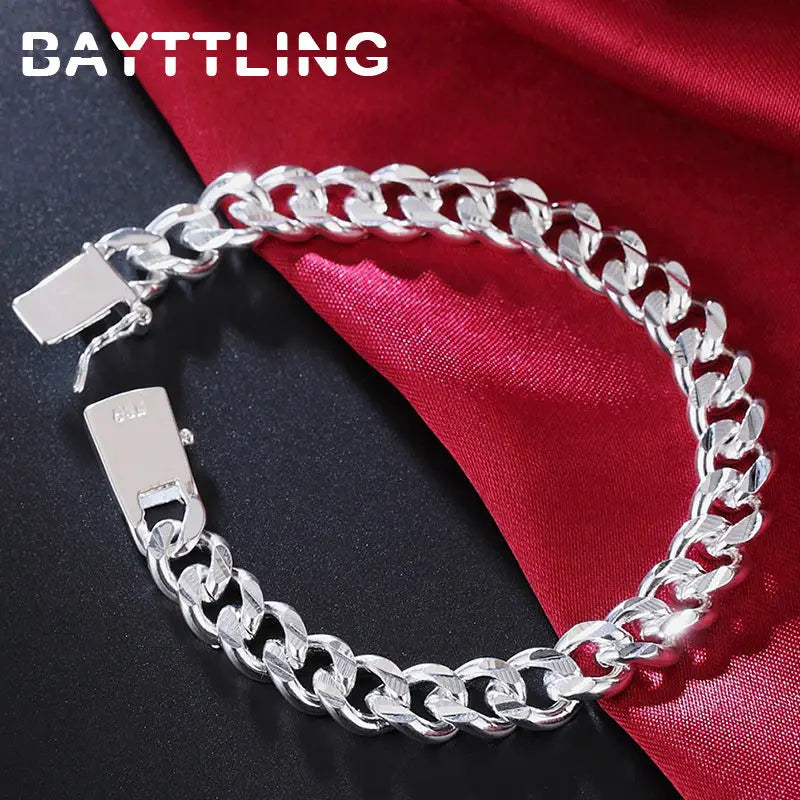 BAYTTLING 925 Sterling Silver 10MM 8 inch Cuban Chain Bracelet For Men Women Fashion Engagement Party Jewelry Bracelets