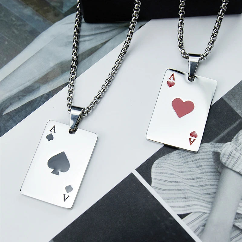 Punk Stainless Steel Playing Card Poker Pendant Necklace for Men Boys Hip Hop Lucky Ace of Spades Charm Necklace Women Jewelry