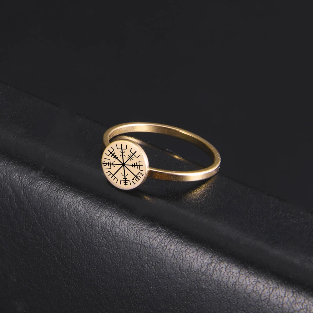 LIKGREAT Vintage Viking Rune Signet Scandinavn Rings for Men Women Vegvisir Compass Ring Circle Norse Helm of Awe Amulet Jewelry