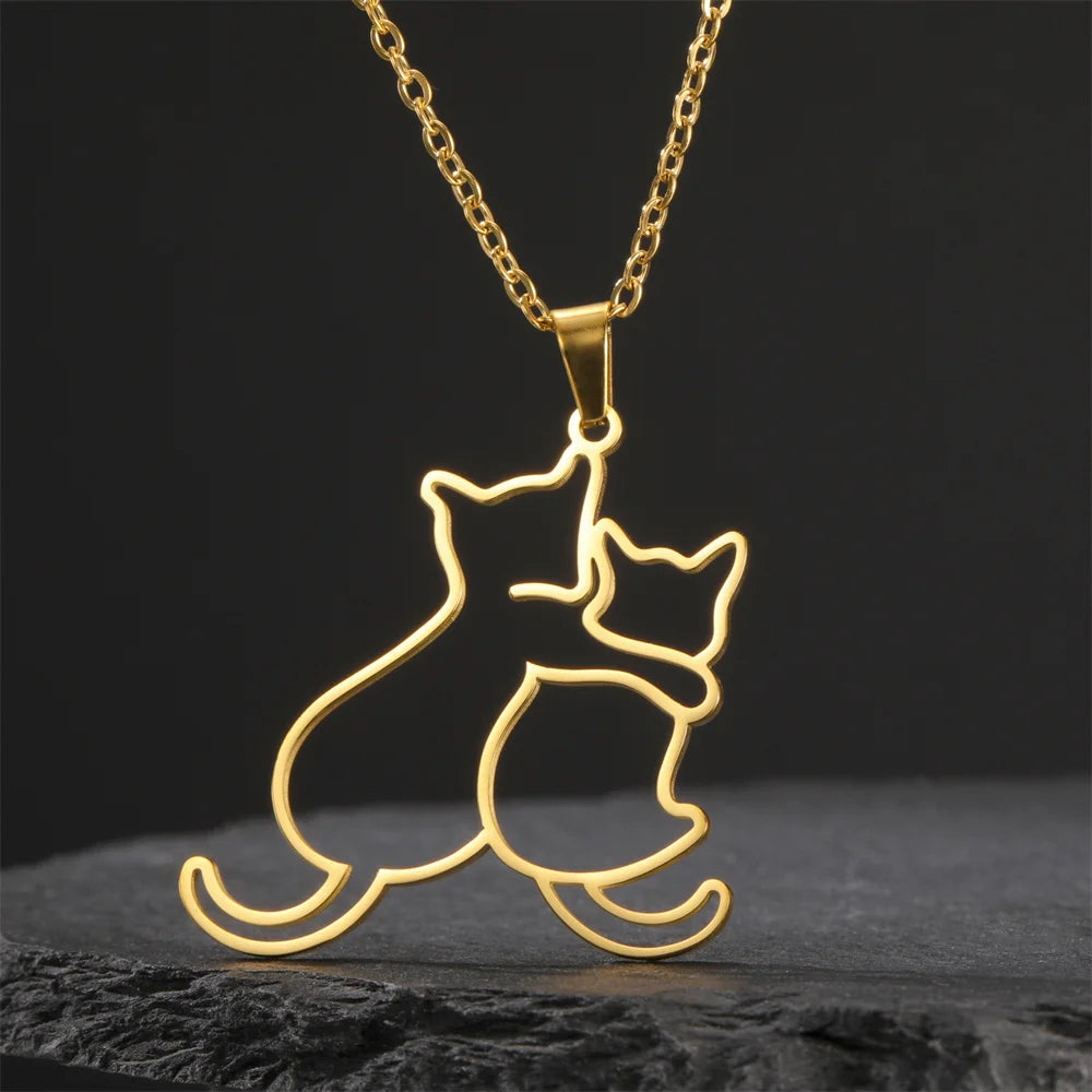 My Shape Hugging Puppy Kitten Necklace for Women Stainless Steel Pendant Chain Animal Cat Dog Jewelry Pets Lovers Gifts