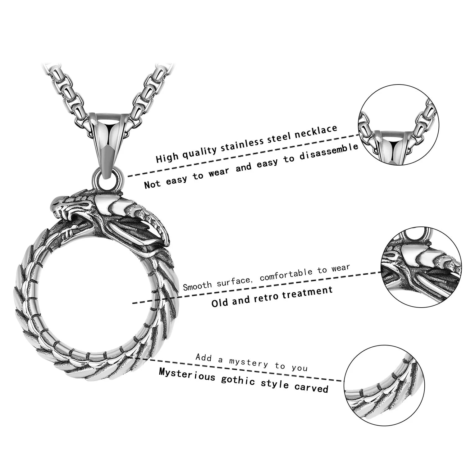 Silver Dragon Circle Pendant Necklace Stainless