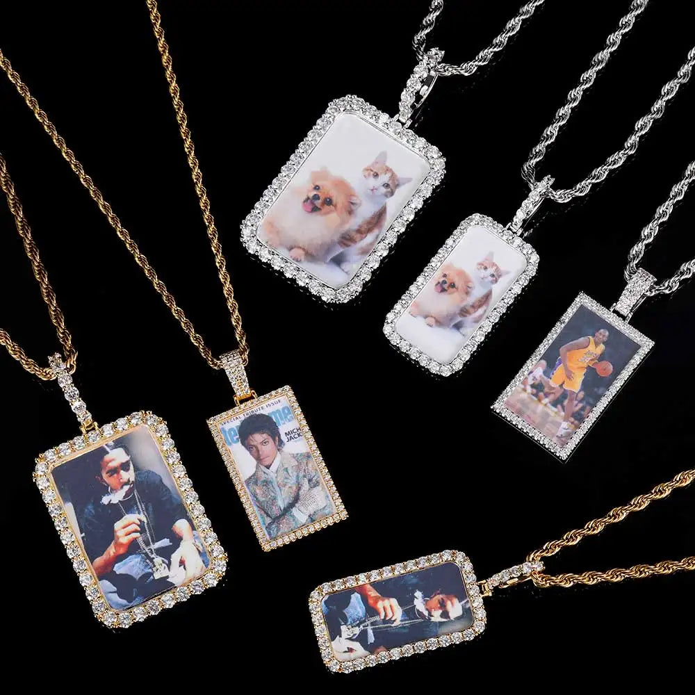 Iced Out Photo Pendant Necklace Rectangle