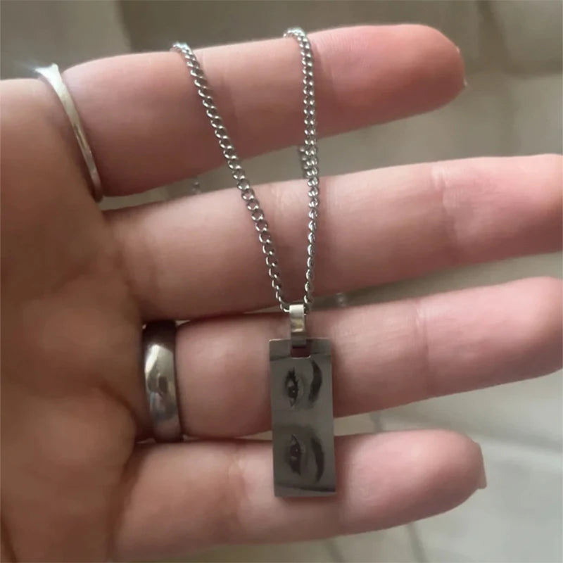 Letdiffery Custom Engraved Eyes Necklaces for Women Men Stainless Sreel Laser Carve Photo Names Square Pendant Jewelry