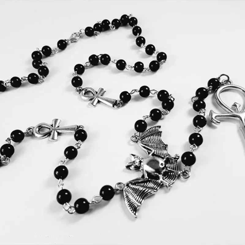 Emo Vampire Ankh Rosary Occult Vamp BeEmo Vampire Ankh Rosary Occult Vamp Bead Necklace Goth Punk Bat Cross Pendant