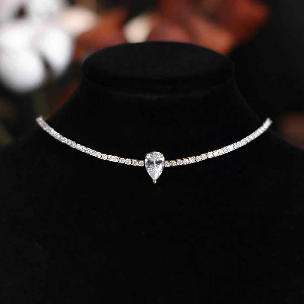Certified Full Moissanite Riviera Tennis Necklace with Waterdrop Diamond Pendant for Women 925 Sterling Silver