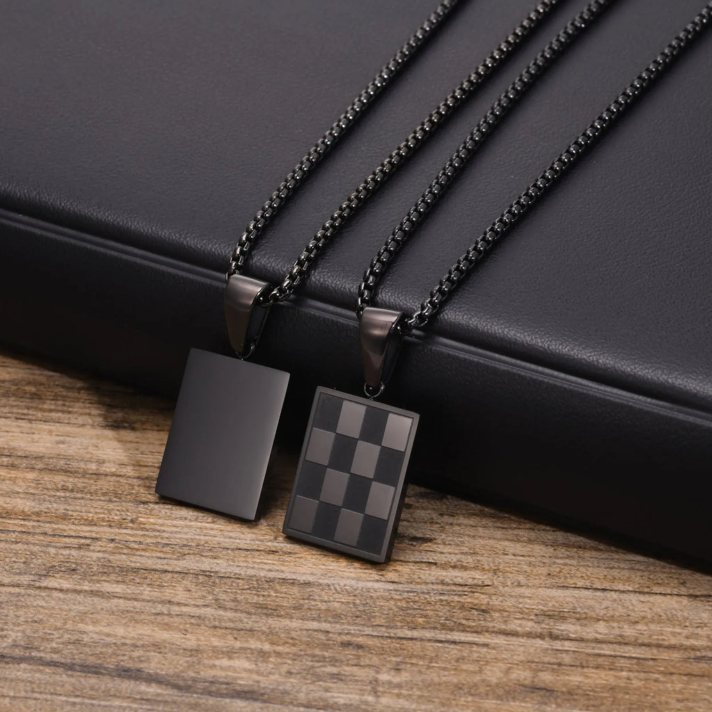 Mprainbow Men's Square Checkerboard Necklace,Waterproof Stainless Steel Checkered Geometric Pendant Collar Birthday Gift Jewelry