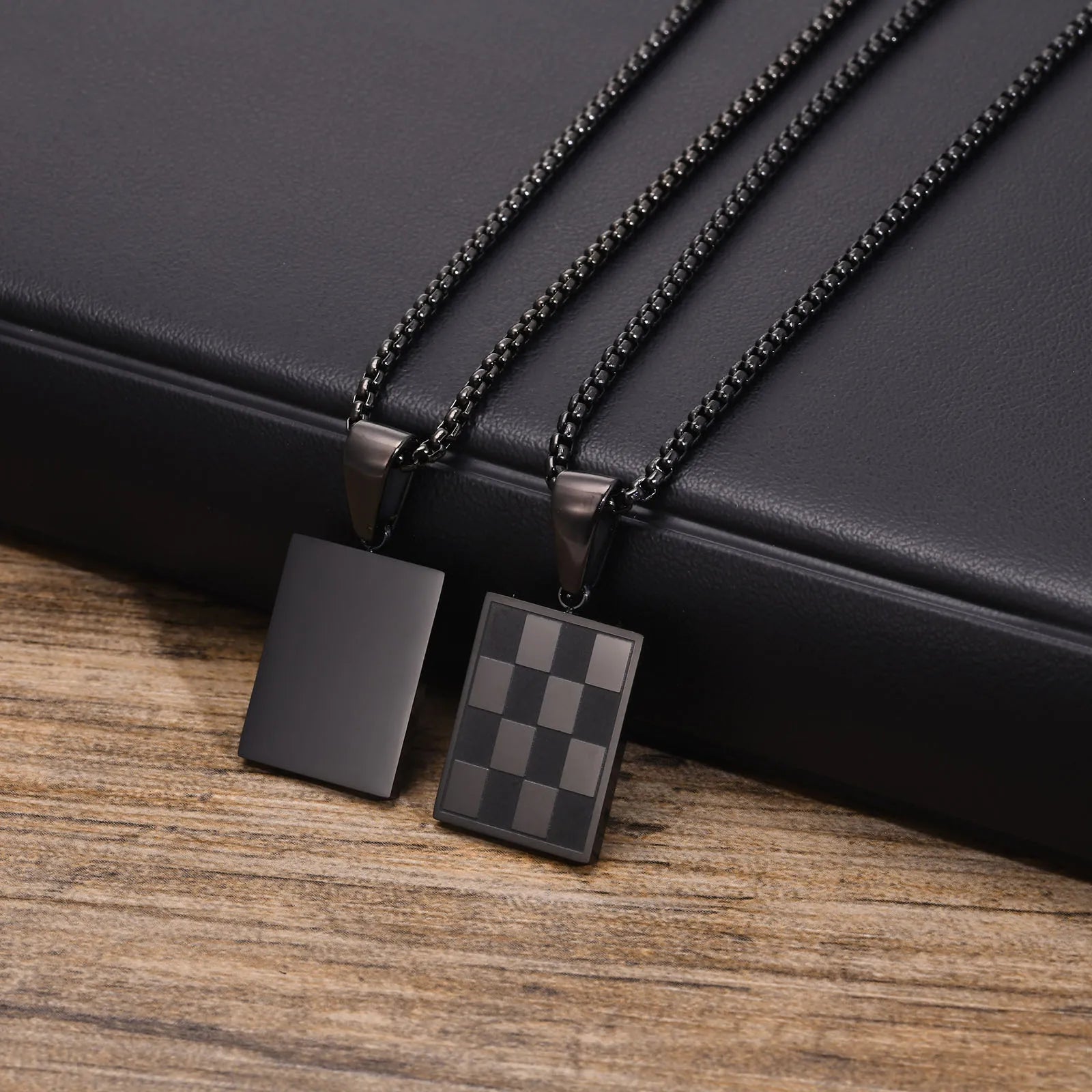 Mprainbow Men's Square Checkerboard Necklace,Waterproof Stainless Steel Checkered Geometric Pendant Collar Birthday Gift Jewelry
