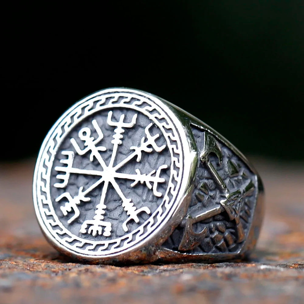 Viking Vegvisir Axe Amulet Ring — Stainless Steel