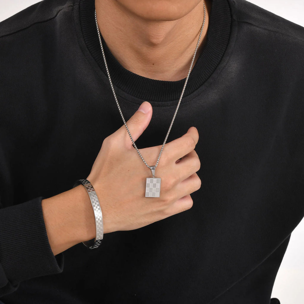Mprainbow Men's Square Checkerboard Necklace,Waterproof Stainless Steel Checkered Geometric Pendant Collar Birthday Gift Jewelry