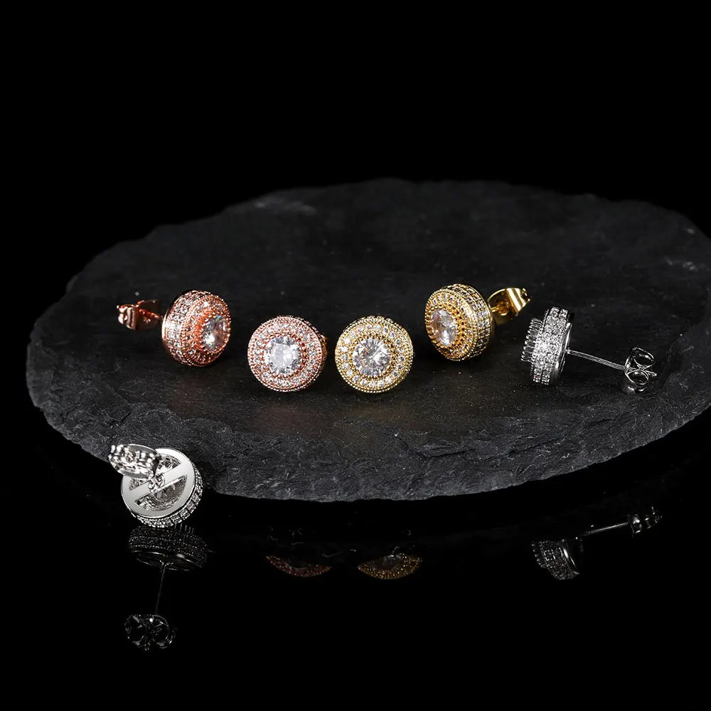 Iced Out Round CZ Stud Earrings Stainless Steel