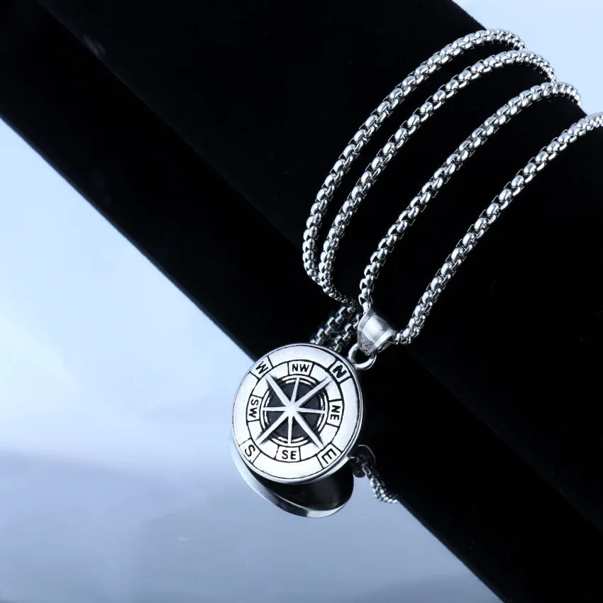 Viking Compass Pendant Necklace Silver Stainless Steel