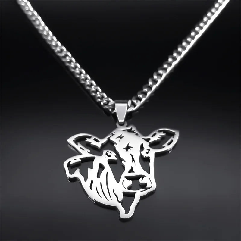 Cow Head Hollow Pendant — Silver Stainless