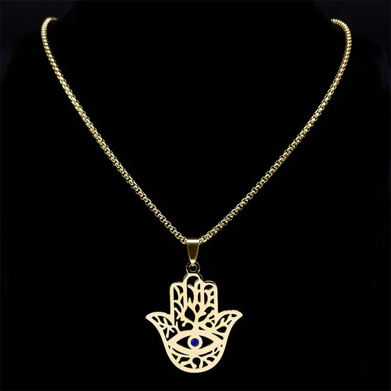 Hollow Fatima Hamsa Hand Pendants Necklace Stainless Steel Gold Color Luck Hand Palm Blue Turkey Eye Necklacse Jewelry Collares