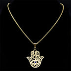 Hollow Fatima Hamsa Hand Pendants Necklace Stainless Steel Gold Color Luck Hand Palm Blue Turkey Eye Necklacse Jewelry Collares