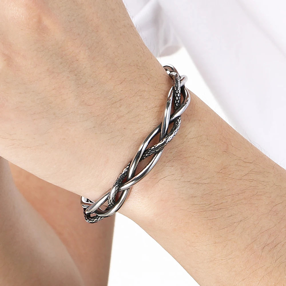 Retro Men Open Bangle for Man Stainless Steel Men's Braided Chain Style Cuff Bracelets Cool Birthday Jewelry Gifts for