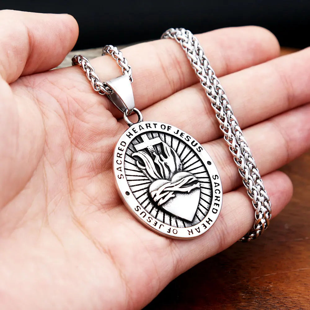 Men's Heart of Jesus Pendant Necklace For Men Women 316L Stainless Steel Religious Cross Amulet Jewelry Gifts Fashion
