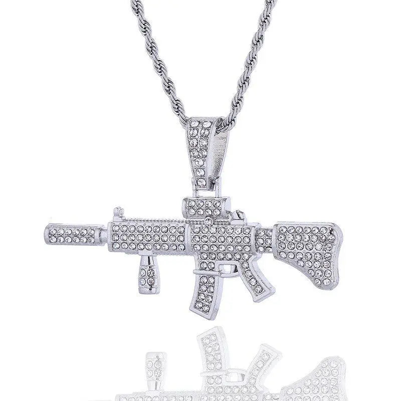 ICED OUT M416 Rifle Pendant Necklace, Hip Hop Military Jewelry, Zircon Gun Charm on Stainless Steel Rope Chain, Men's