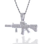 ICED OUT M416 Rifle Pendant Necklace, Hip Hop Military Jewelry, Zircon Gun Charm on Stainless Steel Rope Chain, Men's