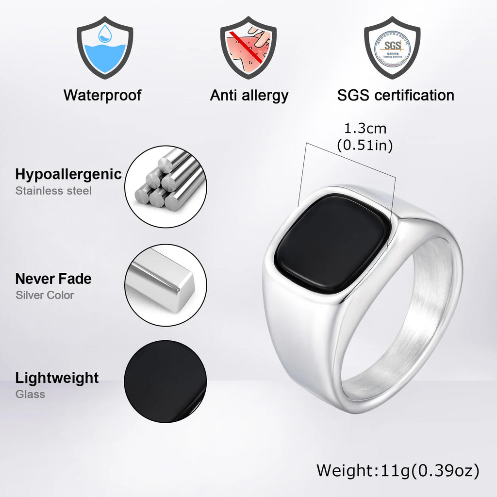 Stylish Black Stone Rings for Men Boys,Waterproof Stainless Steel Geometric Square Ring Signet Ring,Jewelry Gifts for