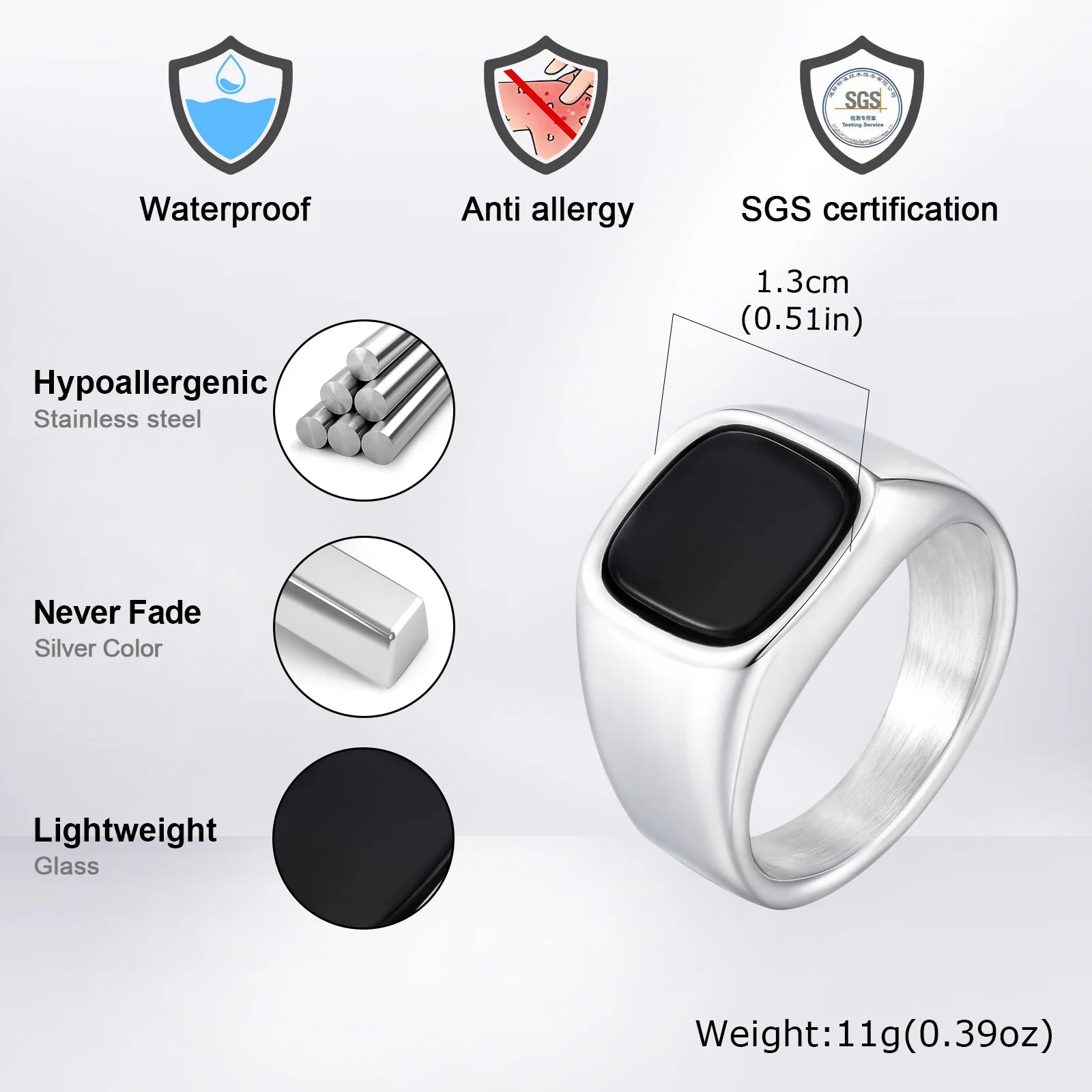 Stylish Black Stone Rings for Men Boys,Waterproof Stainless Steel Geometric Square Ring Signet Ring,Jewelry Gifts for