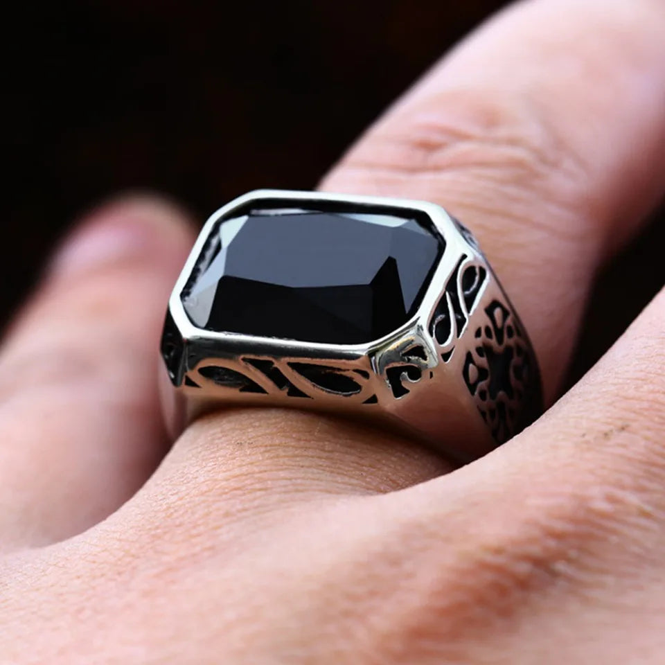 Punk Vintage Rectangle Shape Rings With Black Stone Stainless Steel Cool Fashion Carved Ring For Men Women Amulet Jewelry Gifts