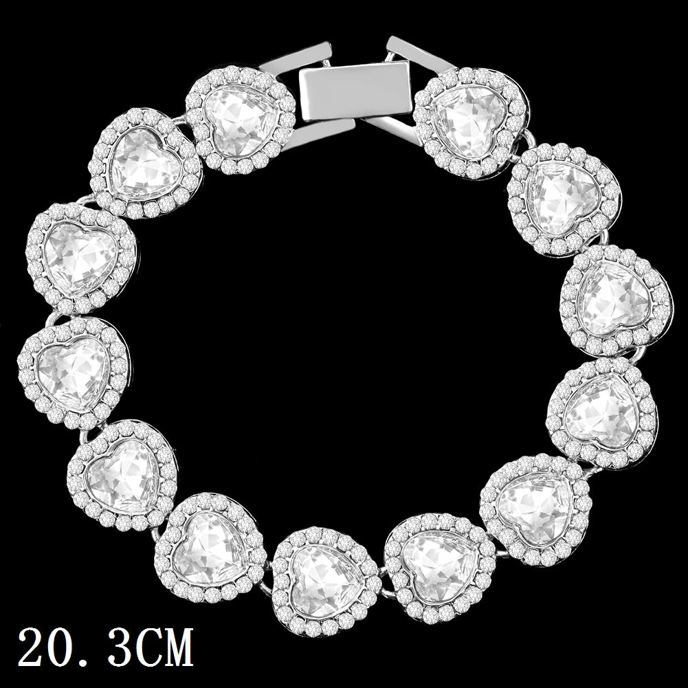 Hip Hop Full Crystal Heart Tennis Chain Bracelets for Men Women Bling Square Rhinestone Cuban Link Chain Bracelet Luxury Jewelry
