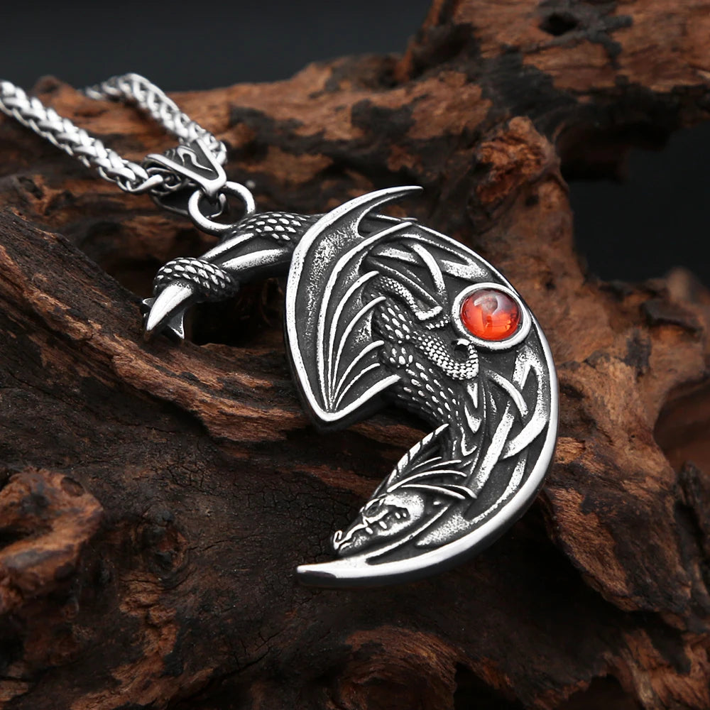 Dragon Stone Moon Pendant — Stainless Steel