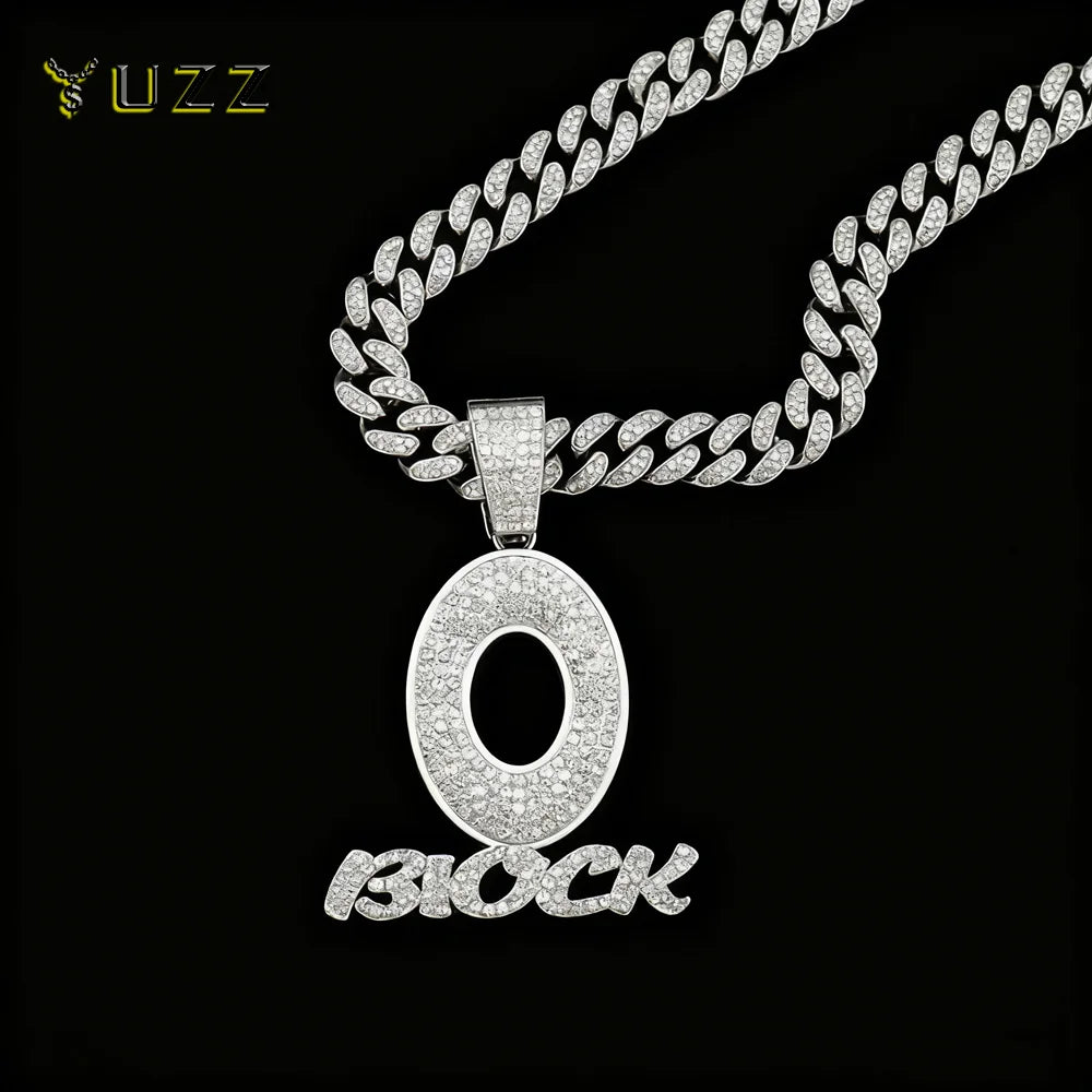 Trendy Hip Hop Letter Charm Letter O Block Pendant Necklace For Women Men Bling Iced Out Cuban Chain Necklaces Charm