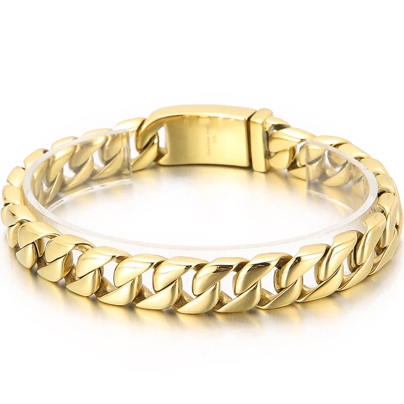 Man Bracelet Homme 12MM Wide Stainless Steel Curb Chain Charm Bracelets On Hand Bands for Men Vintage Mens Jewellery
