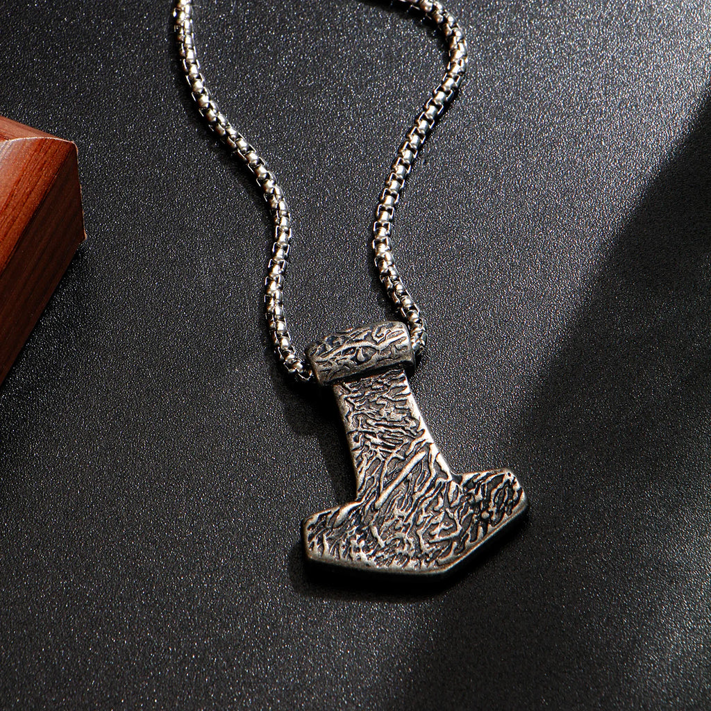 Mjolnir Thor Hammer Box Chain Pendant Necklace — Stainless Steel