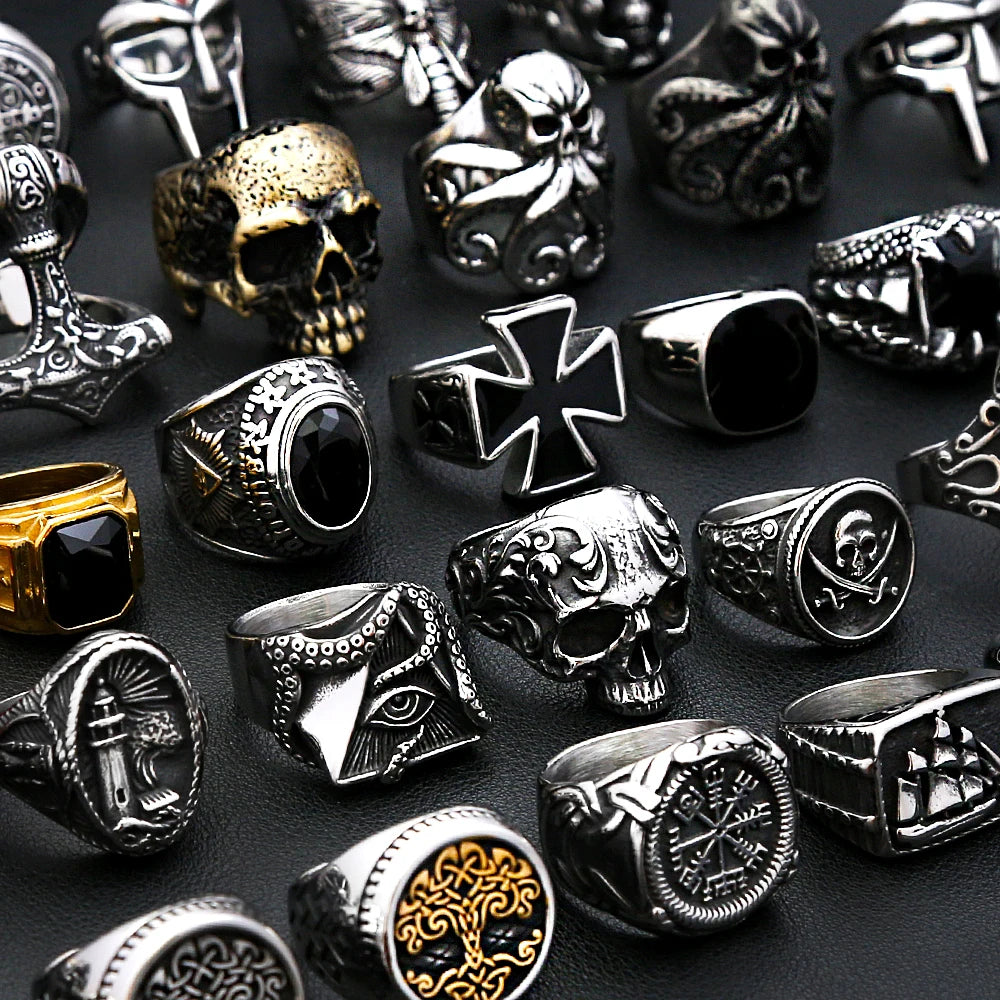 Fashion Punk Vintage Skull Ring Stainless Steel Gothic Biker Ring For Men Women Unique Viking Amulet Jewelry Gift