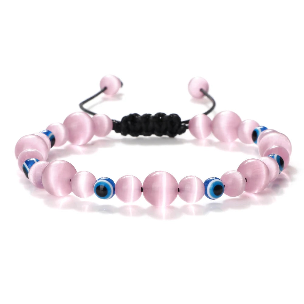 6 8mm Natural Stone Beads Bracelet for Women Men Blue Turkish Evil Eye Braided Chain Bangle Lucky Couple Jewelry Gift
