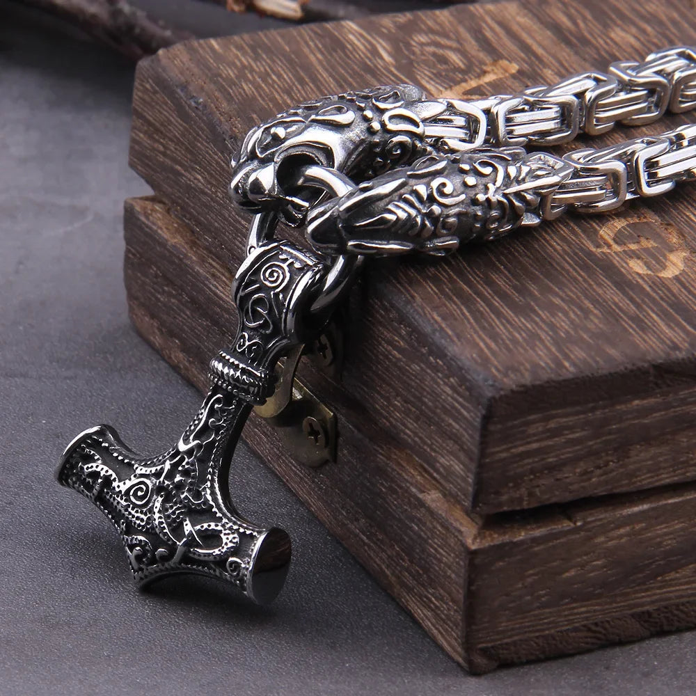 Wolf Head Thor Hammer Pendant — Stainless Steel