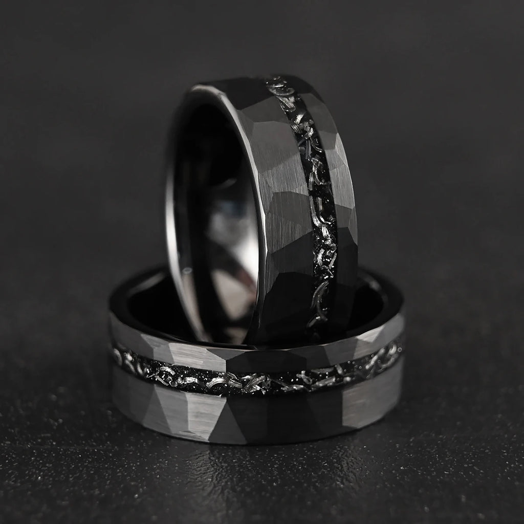 8MM Black Tungsten Men’s Wedding Bands Classic Hammered Meteorite Ring Fashion Simple Couple Promise Engagement Rings