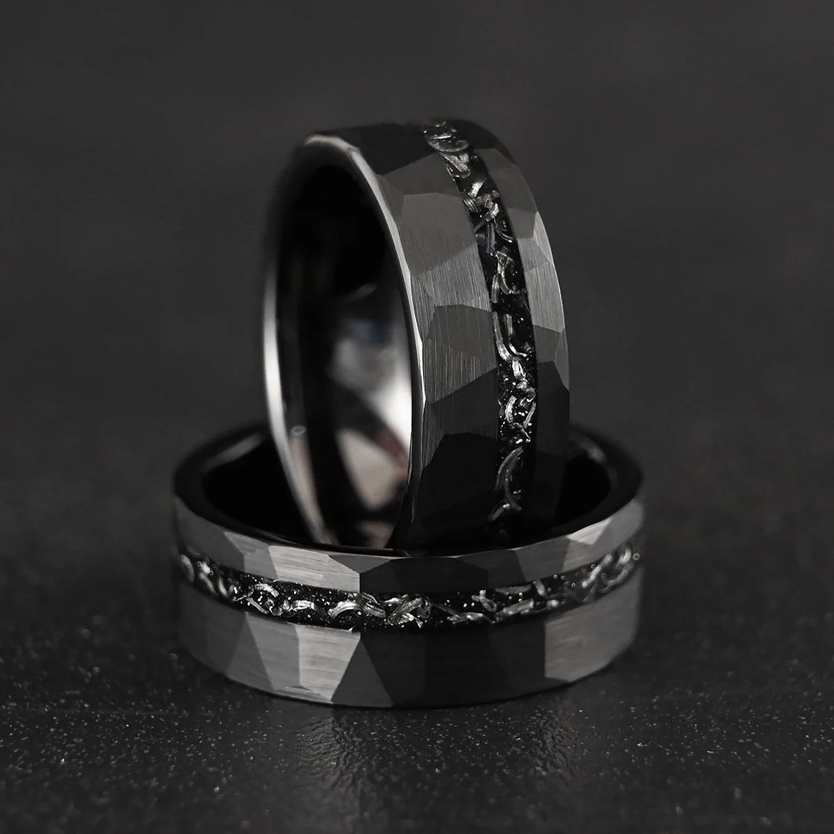 8MM Black Tungsten Men’s Wedding Bands Classic Hammered Meteorite Ring Fashion Simple Couple Promise Engagement Rings