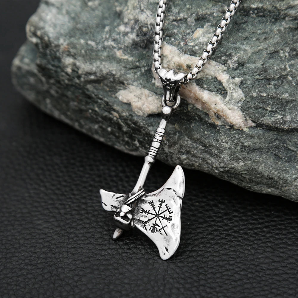 Viking Steel Pendant Vintage Warrior Axe Vegvisir