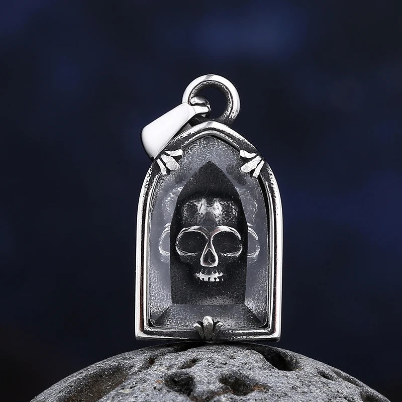 Skull Glass Pendant Necklace — Stainless Steel