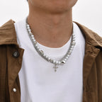 Mprainbow Long Tassel Cross Necklaces for Men Women,Reflective Beads Irregular Beaded Necklaces,Double Layers Collar
