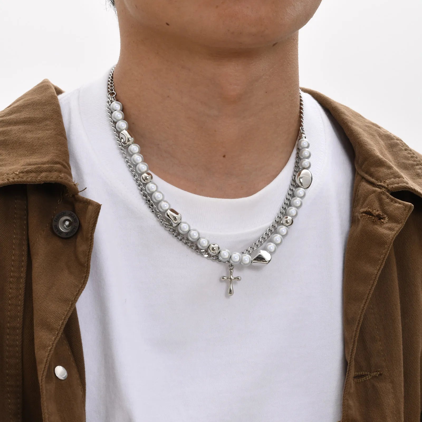Mprainbow Long Tassel Cross Necklaces for Men Women,Reflective Beads Irregular Beaded Necklaces,Double Layers Collar