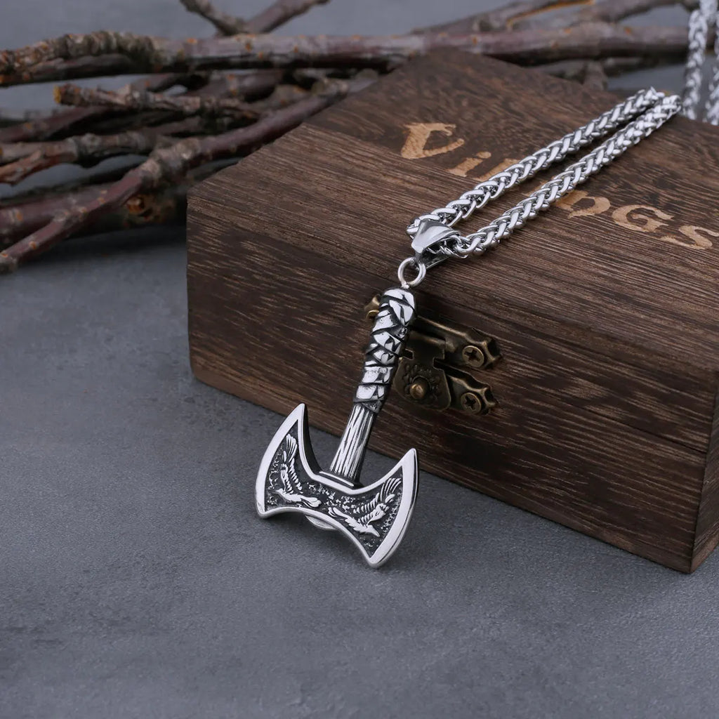 Stainless Steel Viking Warrior Odin Axe and Raven Necklace Men Fashion Hip Hop Amulet Pendant Viking Jewelry Boyfriend