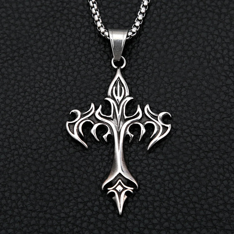 Flame Cross Pendant Necklace — Stainless Steel