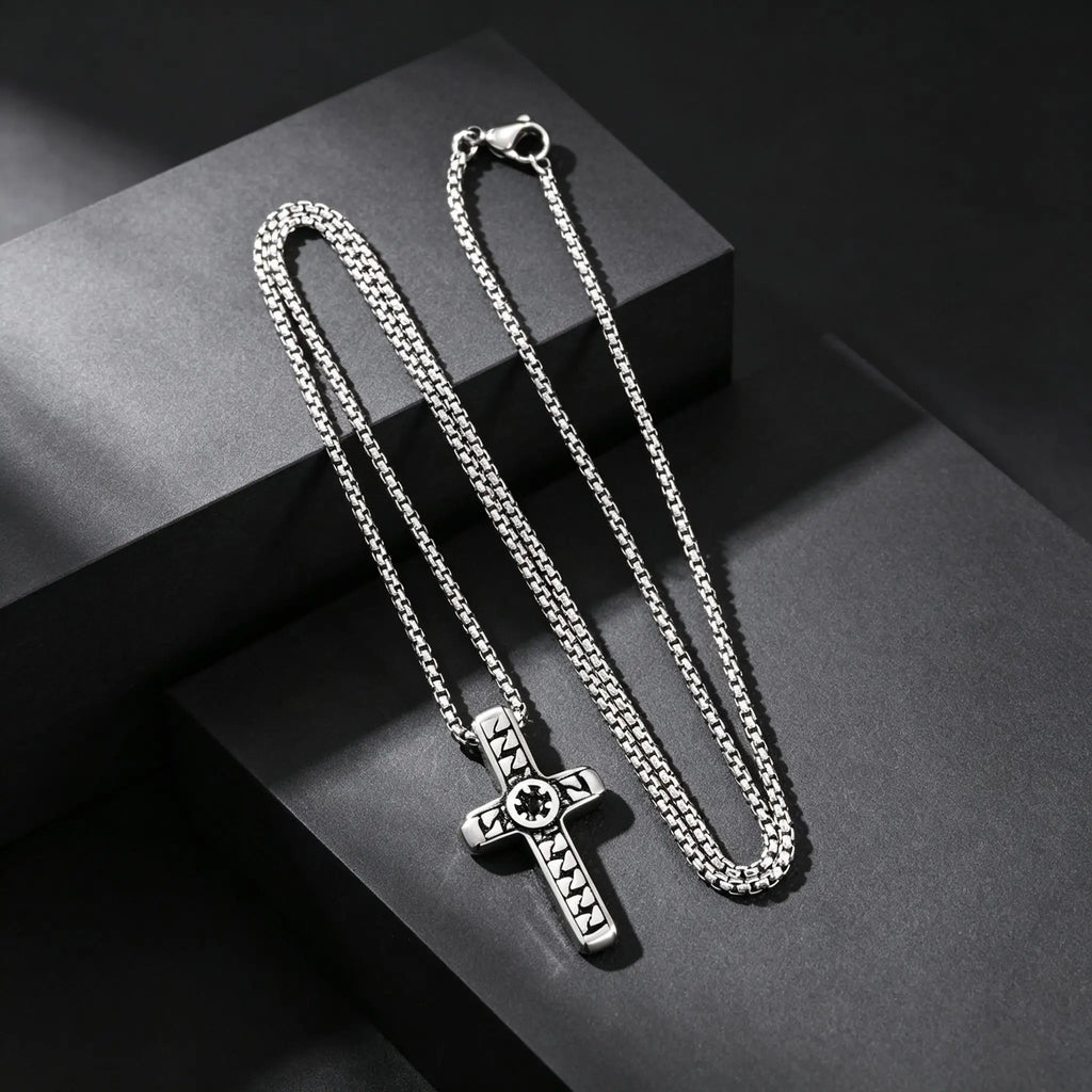 Stylish Cool Textured Cross Pendant Necklace for Men High Quality Stainless Steel Waterproof Collar Necklace Punk