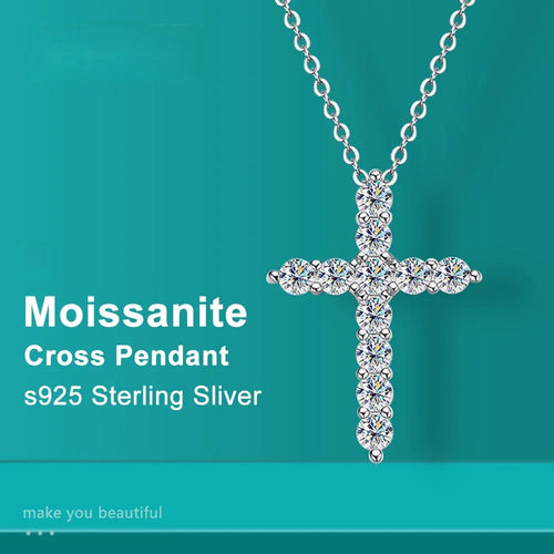 Full Moissanite Cross Pendant Original Sterg Sliver Chain Plated White Gold Fine Necklace For Women Jewelry