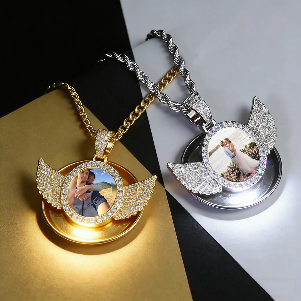 Angel Wing Photo Pendant Necklace Iced Out CZ