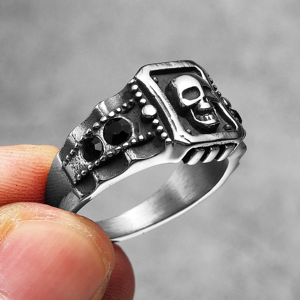 Skull Ring Black Gemstone — Stainless Steel