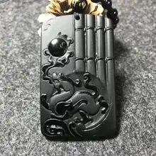 Natural Obsidian Rising Sun Fortune Pendant Necklace