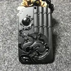 Natural Obsidian Rising Sun Fortune Pendant Necklace