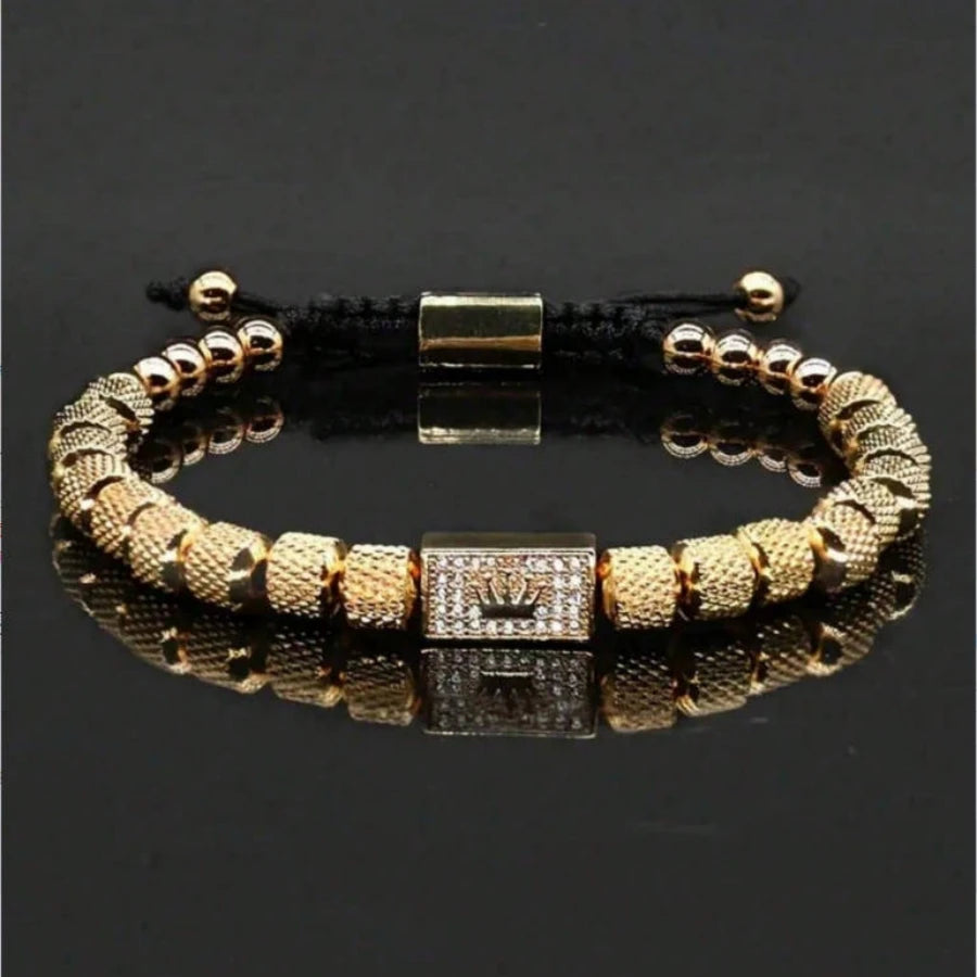 Gold Crown Pendant Beaded Bracelet Adjustable — Stainless Steel